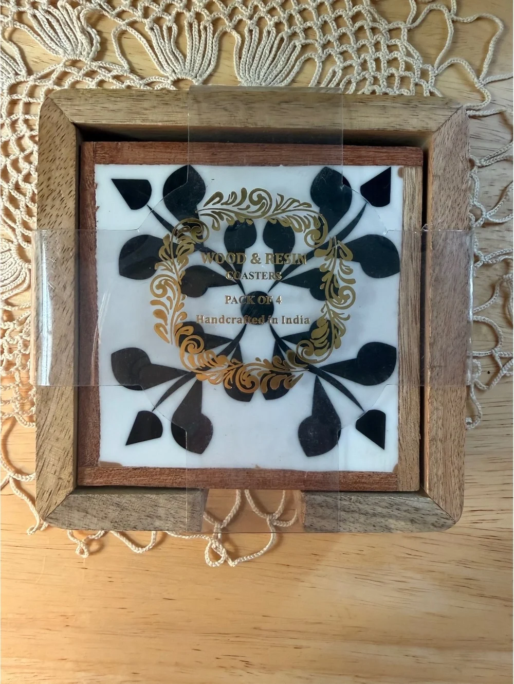 Set of 4 Handcrafted Wood and Resin Coasters with Holder